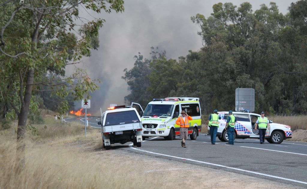 Strong winds caused a small grass fire at The Glen to jump to New England Hwy yesterday and get out of control. Strong winds caused a small grass fire at The Glen to jump to New England Hwy yesterday and get out of control.